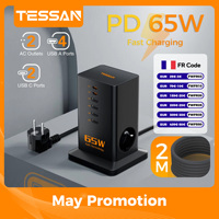 TESSAN PD 65W Fast Charging Power Strip GaN Tower Power Socket with 6 USB Ports 2 AC EU Plug Charging Station for Phone Pad Desk