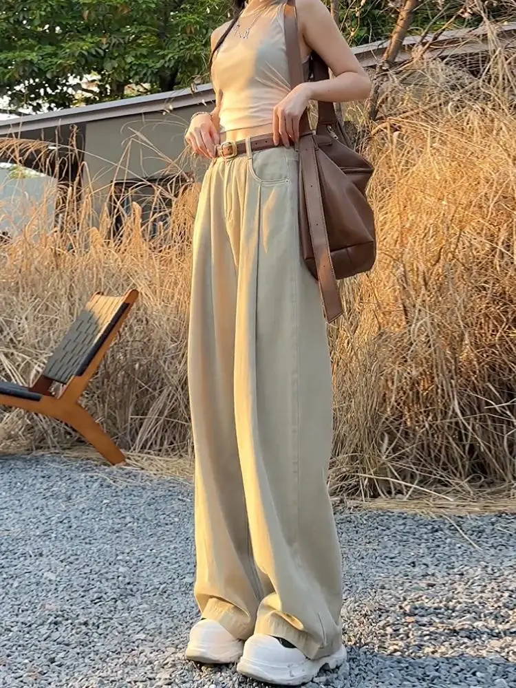 Jeans Women American Retro High Waist Wide-leg Baggy Straight Drapey Pleated Autumn Stylish Design Floor-length Denim Trousers