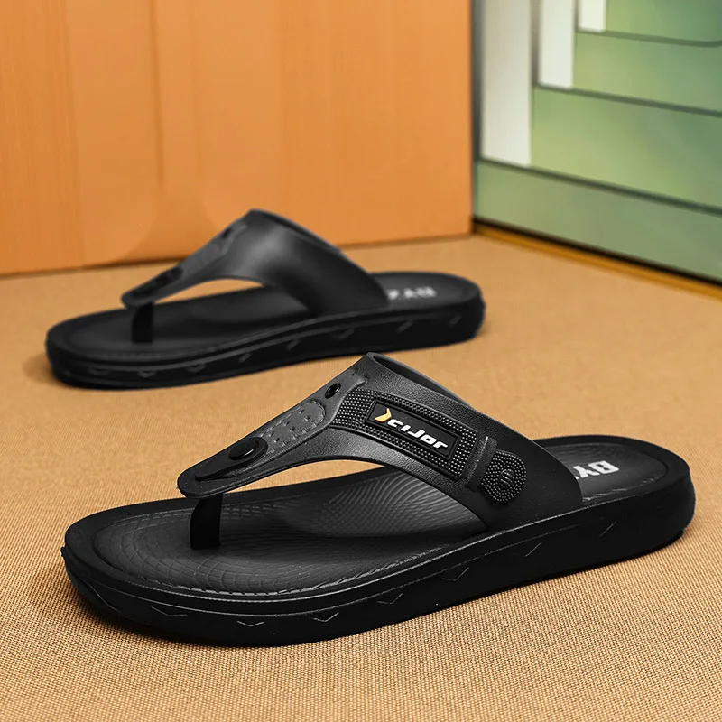 Beach Slippers Casual Outdoor House Shoes Men's Leather Texture Flip Flops Summer Non-slip Slides Thick Sole Comfortable Slipper