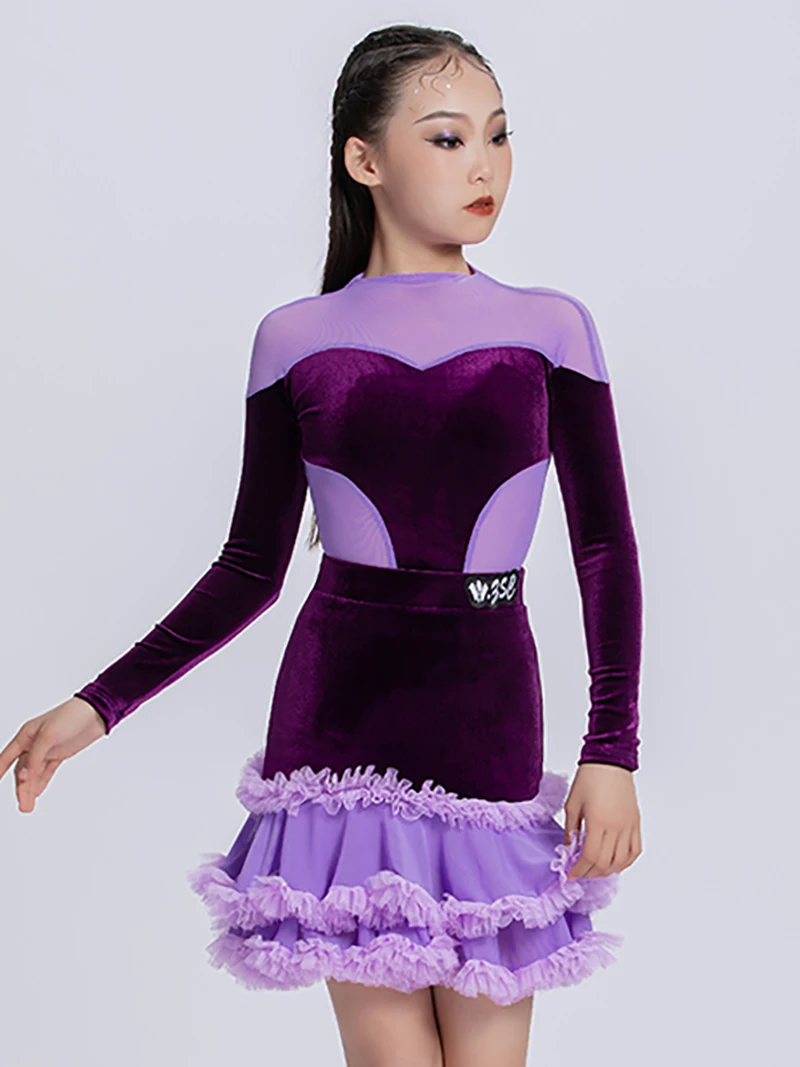 فستان مسابقة الرقص اللاتيني 2025 جديد للأطفال البنات أداء احترافي ارتداءها والتنانير الشتاء المخملية ممارسة زي