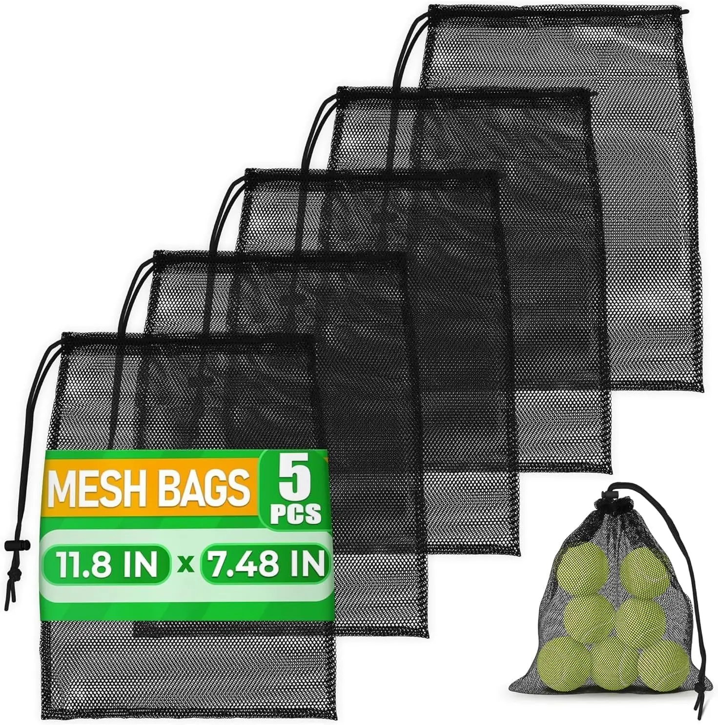 

5-Pack Small Mesh Drawstring Bags, Black Nylon, 11.8x7.48", Quick-Dry, Tear-Resistant