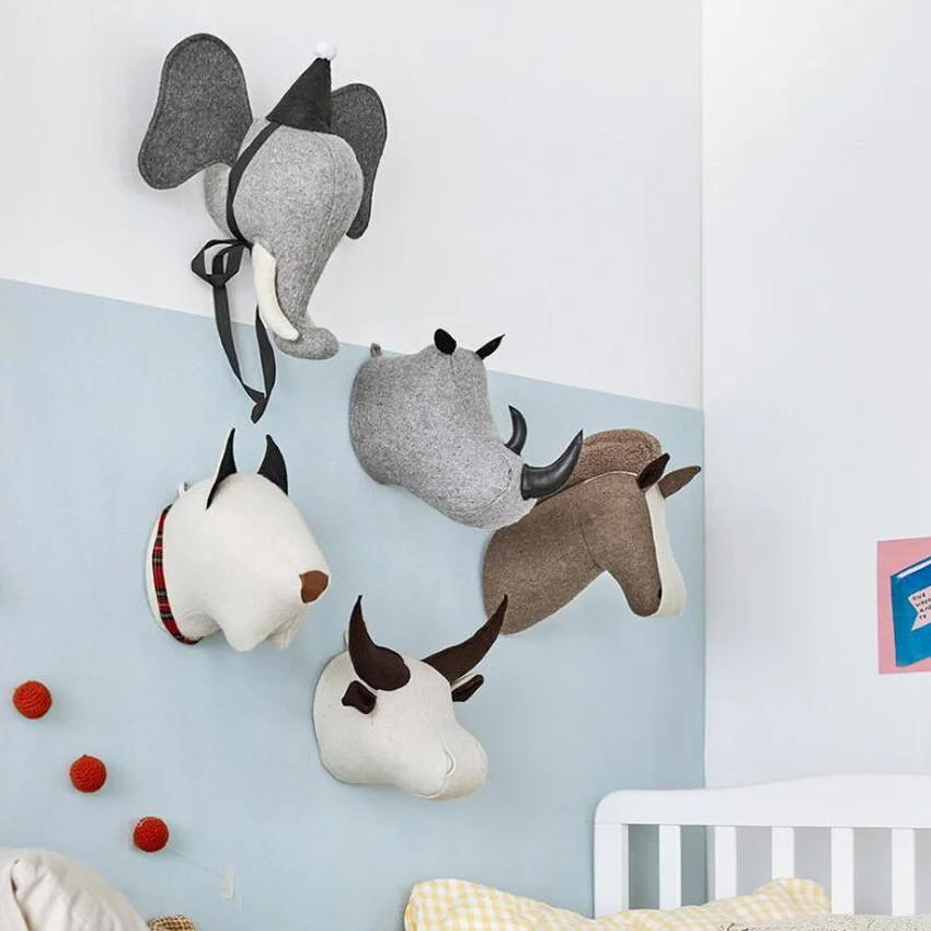 INS Nordic Style 3D Animals Head Elephant Rhinoceros Horse Dog Stuffed Wall Hanging Decoration Kids Girl Room Decor Baby Gifts