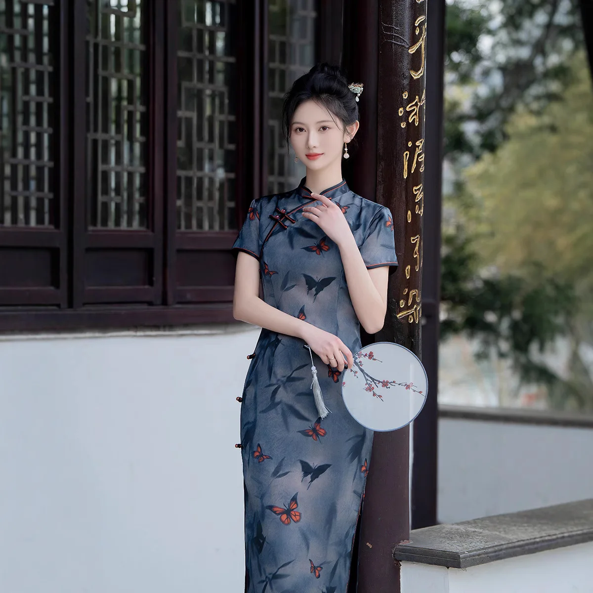 

Летнее атласное платье Cheongsam с принтом бабочки, молодой стиль, элегантное ретро-ципао с короткими рукавами для девочек, современное восточное платье