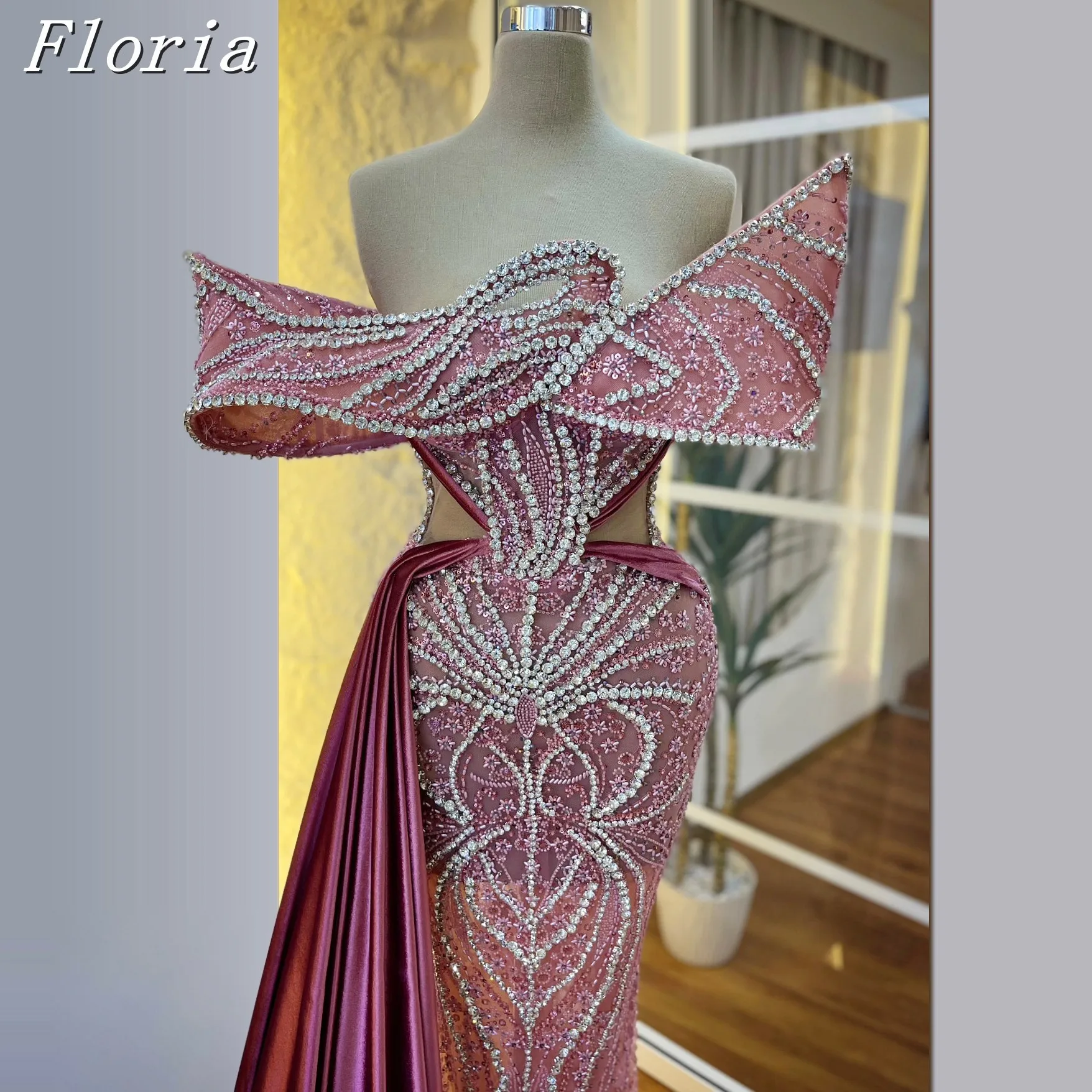 

Pink Elegant Beading Mermaid Evening Prom Party Dresses With Crystals Asymmetrical Neck Sleeveless Celebrity Dress Customized