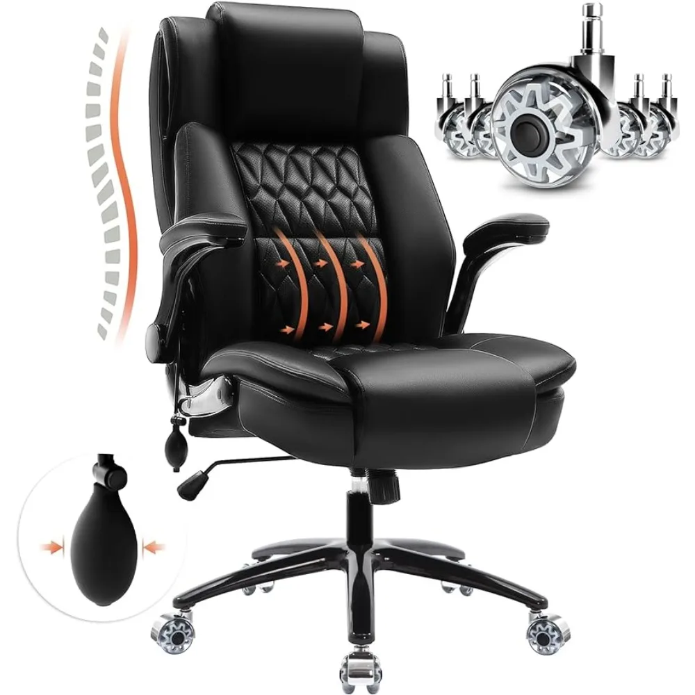 

Adjustable waist support, flipping arm, heavy-duty metal base, breathable adhesive leather, executive computer chair