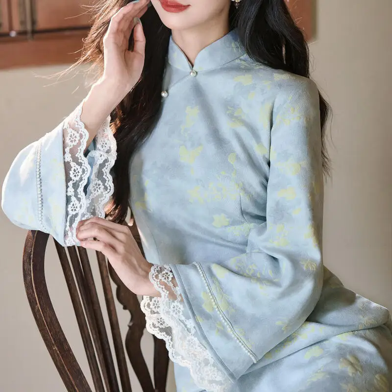 

Chinese Traditional Dress Woman Autumn Evening Party Vestidos Improved Qipao Sexy Lace Floral Chesongam Modern Qipao Dress