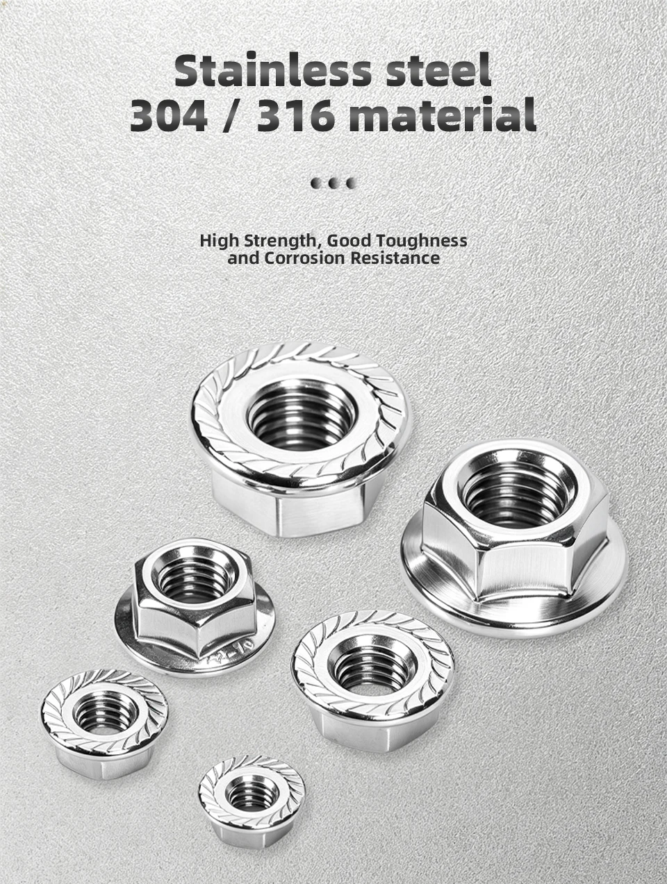 DIN6923 Sechskant-Flanschmuttern mit Zähnen, 304 316 Edelstahl Metrische Flansch-Sicherungsmuttern M2.5 M3 M4 M5 M6 M8 M10 M12 M16 M20 – Detail 8