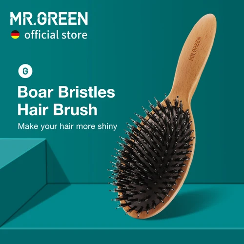 Imagen 2 del producto MR.GREEN-cepillo de pelo de cerdas de jabalí para mujer, peine de haya Natural para cabello rizado, grueso, largo, seco, mojado, desenredador, cepillos de masaje