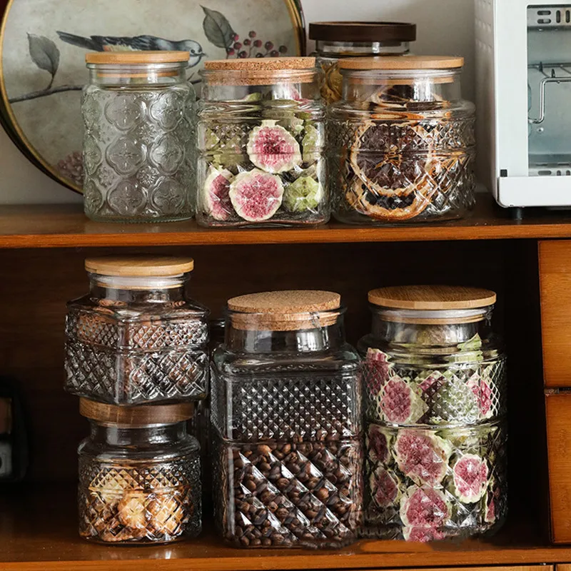 

Glass Embossed Airtight Jar Clear Storage Bamboo Cover Kitchen Container Cereal Dispenser Organization Containers