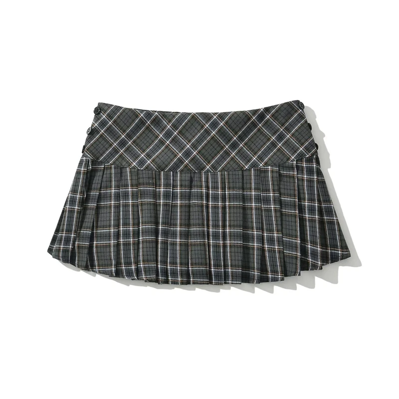 Keyanketian neue Frauen Wolle Plaid Rock würzige Mädchen adrette Stil Herbst Knöpfe niedrige Taille Mini Falten rock y2k Hosenrock