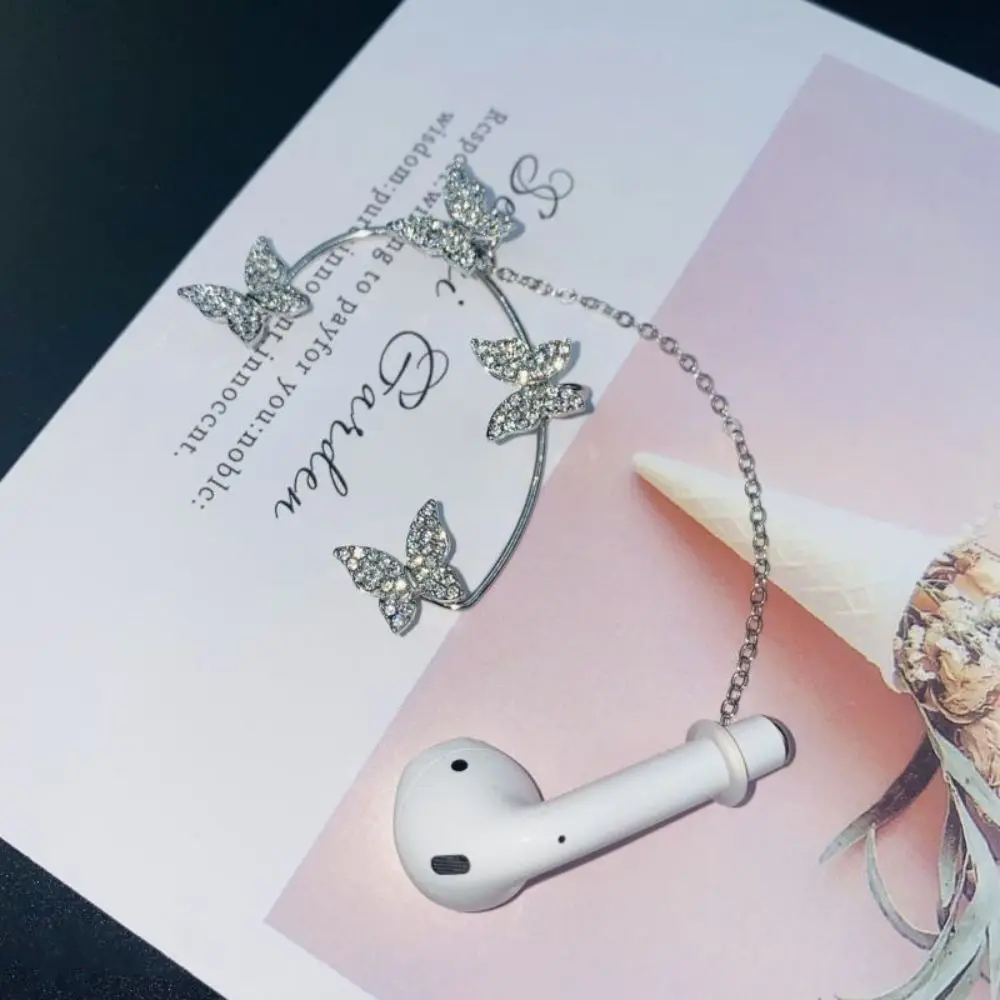 

1 pair Snowflake Rhinestone Butterfly Earhook Protection Chain Ear Hanging Anti-lost Earphone Chain Alloy Holder Clips