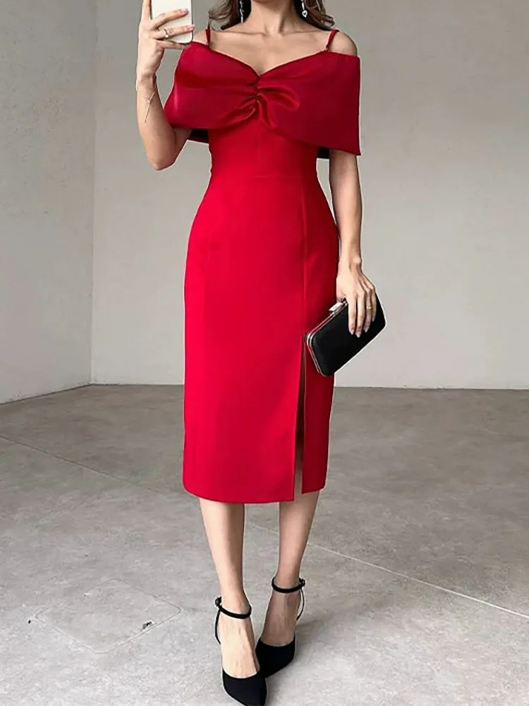 Early Spring New Fashion Women's Solid Color Sleeveless Strap Dress Elegant Classic Side Split Dress