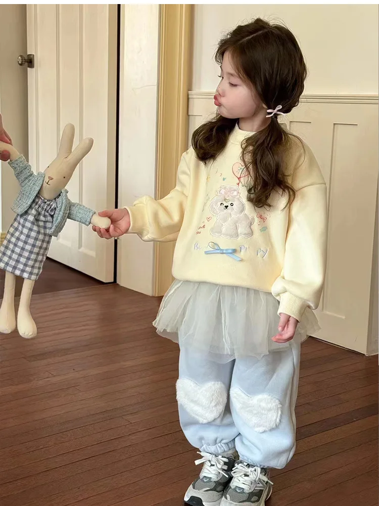 South Korea Children's Suit2024Autumn and Winter New Girls' Cartoon Puppy Lapel Sweater Fleece-lined Love Sweatpants