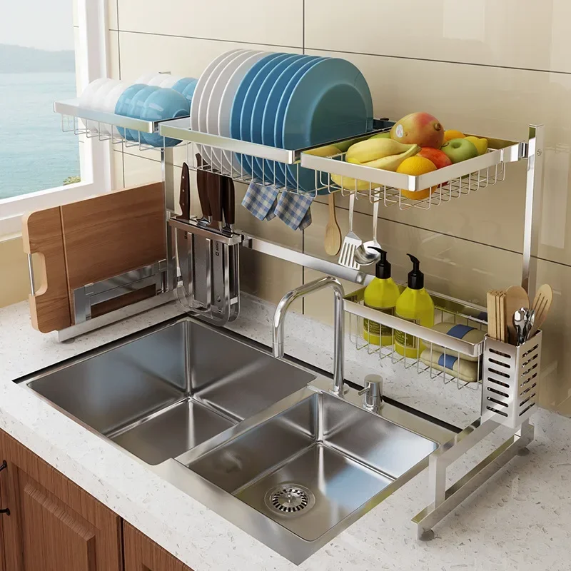 Water double sink, dishes drying rack, double-layer kitchen knife plate storage rack