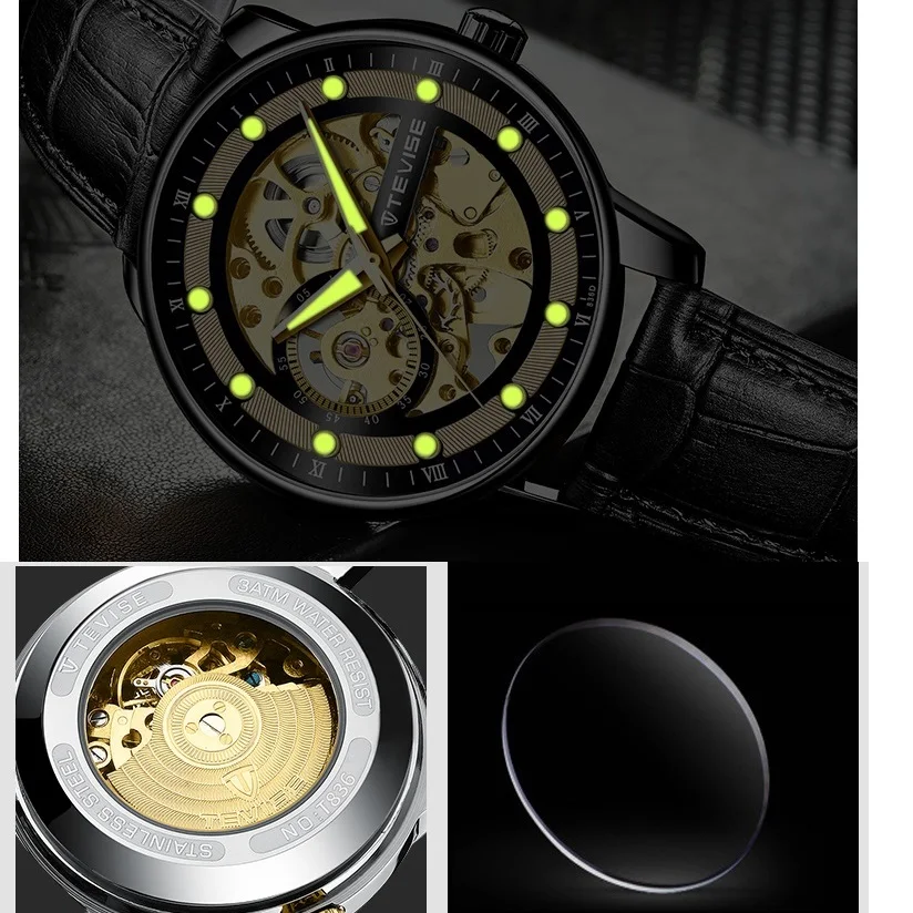 Tevise Top Brand Automatic Mechanical Watch For Men T836d Simple Hollow out Mens Leather Waterproof Boy Clock Gift Dropshipping