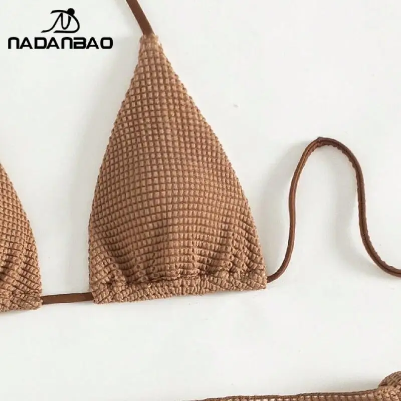 Nadanbao Set bikini marrone sexy moda bikini a triangolo halter 3 pezzi tinta unita scollo a V costume da bagno casual da spiaggia abbigliamento da donna
