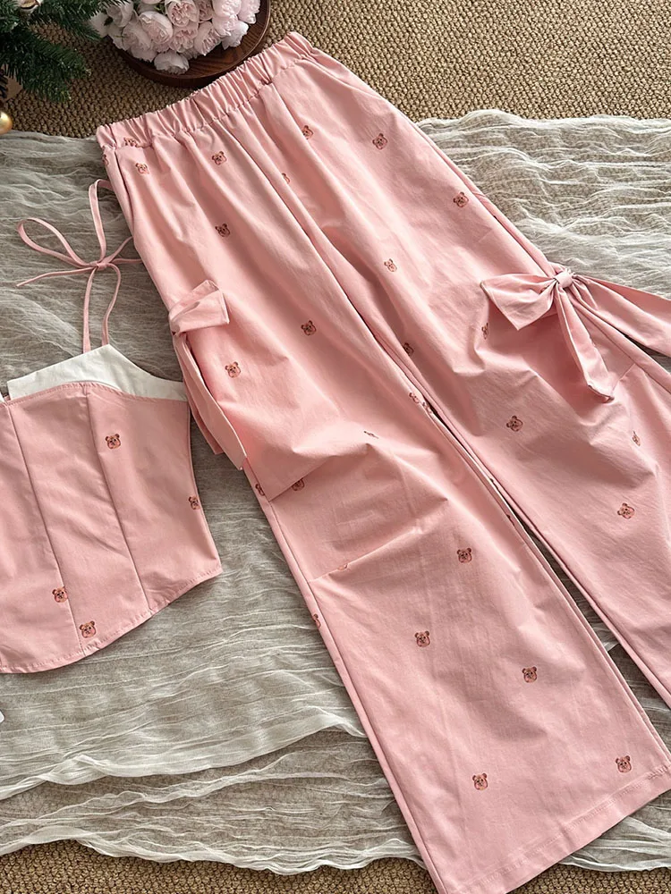 Summer 2024 Outfits 2 Piece Pants Sets Pink Print Sexy Strapless Tank Top+New Design Mid Waist Bow Wide Leg Pants Korean Tide