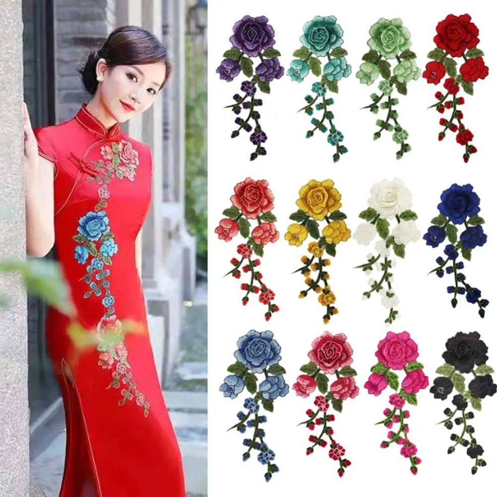 Colorful Long String Flowers Embroidery Patches Floral Clothes Sticker DIY Iron On Patch Embroidered Sewing Clothing Accessories