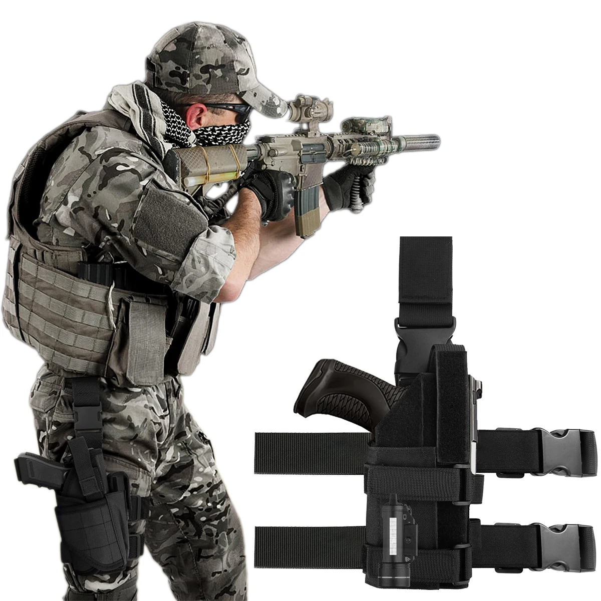 

Tactical Drop Leg Holster Universal Adjustable Thigh Holster for Pistols with LightLaser for Airsoft Shooting Hunting Duty Use