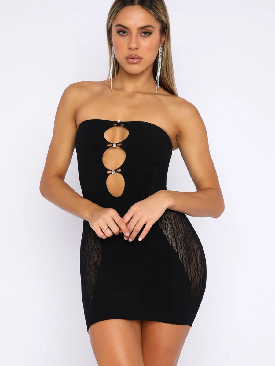 Vestido corto sin tirantes de verano para mujer, minivestido de retales de malla con hombros descubiertos, escote Bandeau, espalda descubierta