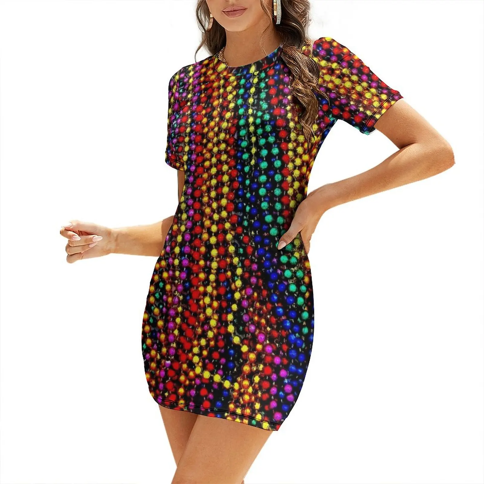 MARDI GRAS :Colorful Beads Print Short Sleeved Dress long sleeve dresses Women's skirt Dress