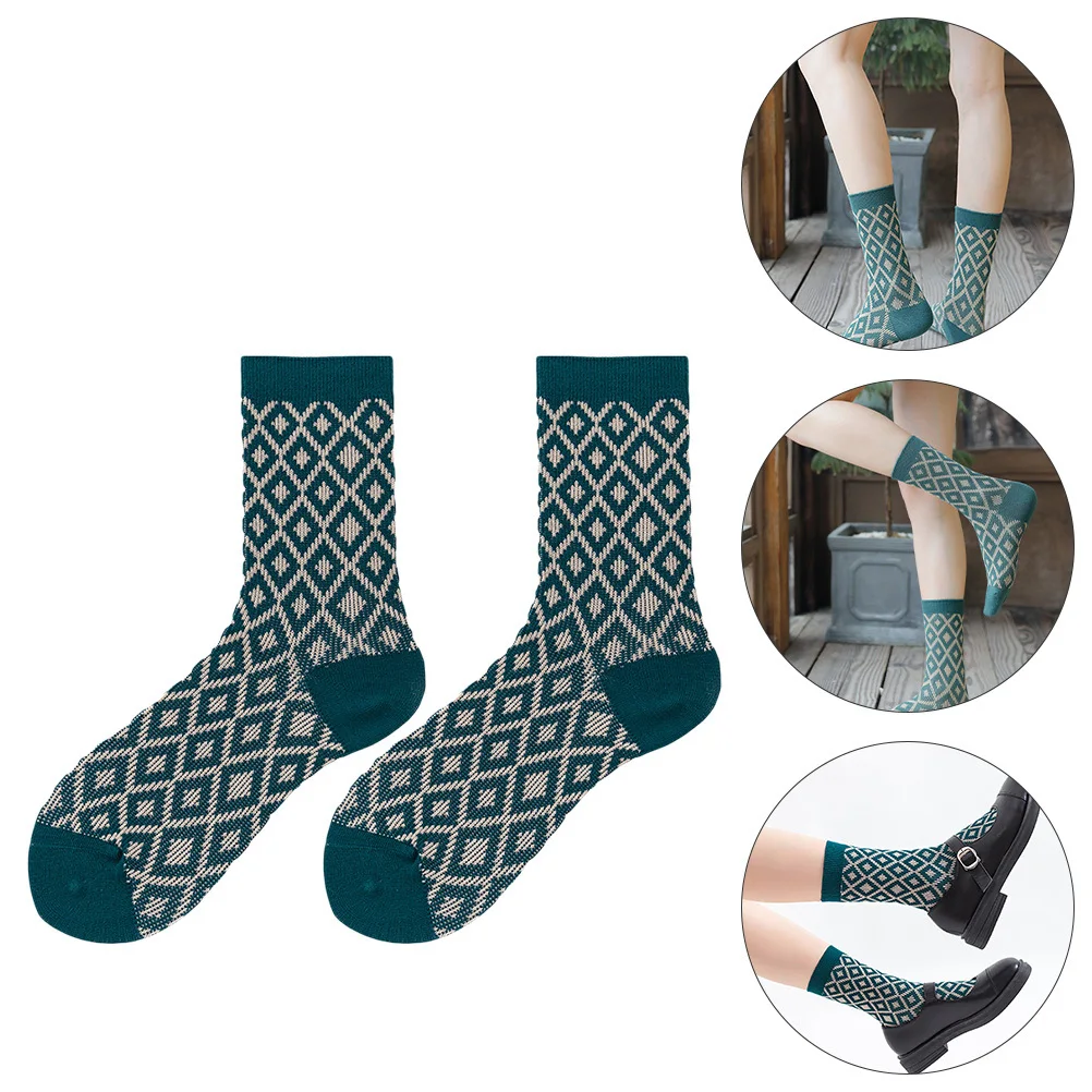 

1Pair Cotton Stack Socks Mid-Calf Length Fashionable Lattice Point Design Soft Elastic Moisture Absorption Breathable Women