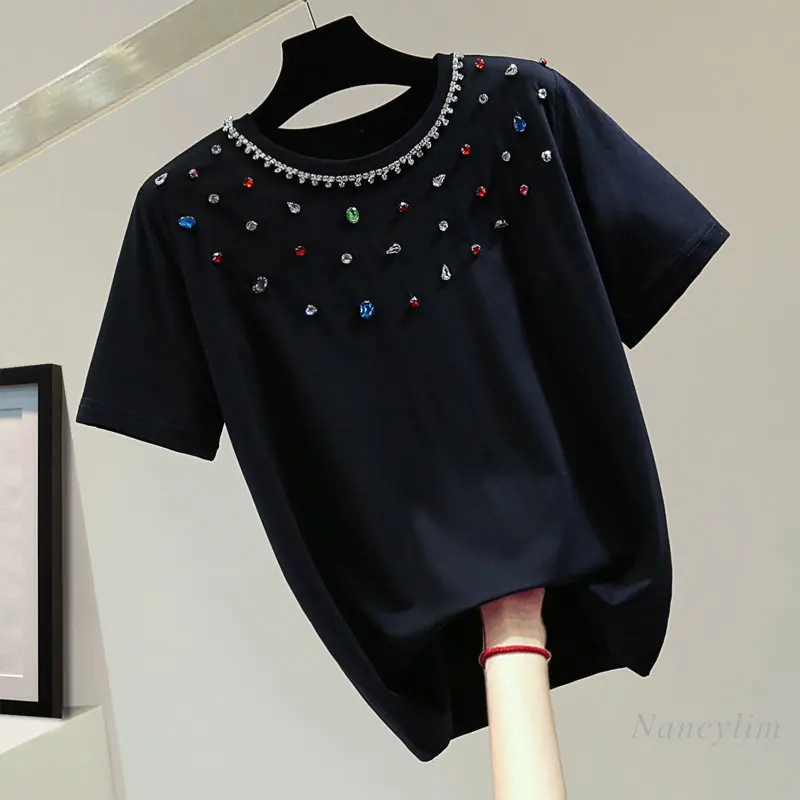 Color Diamond Round Neck Short Sleeve T-shirt for Women 2023 Summer Korean Style Loose Pure Color Cotton Tshirt Straight Top