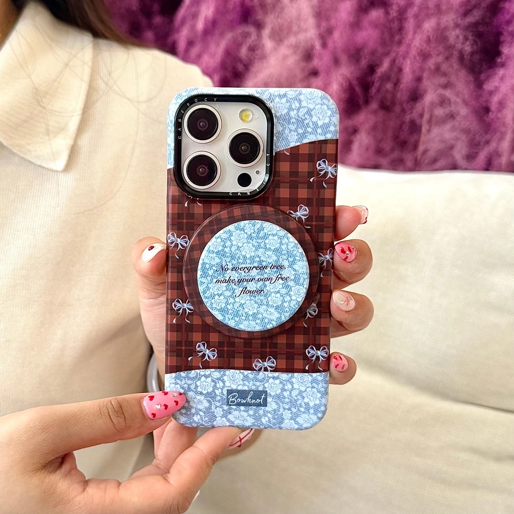 Магнитный чехол для телефона в китайском стиле с красным сетчатым узором и бантом с держателем для iPhone 17, 16, 15, 14, 13 Pro Max