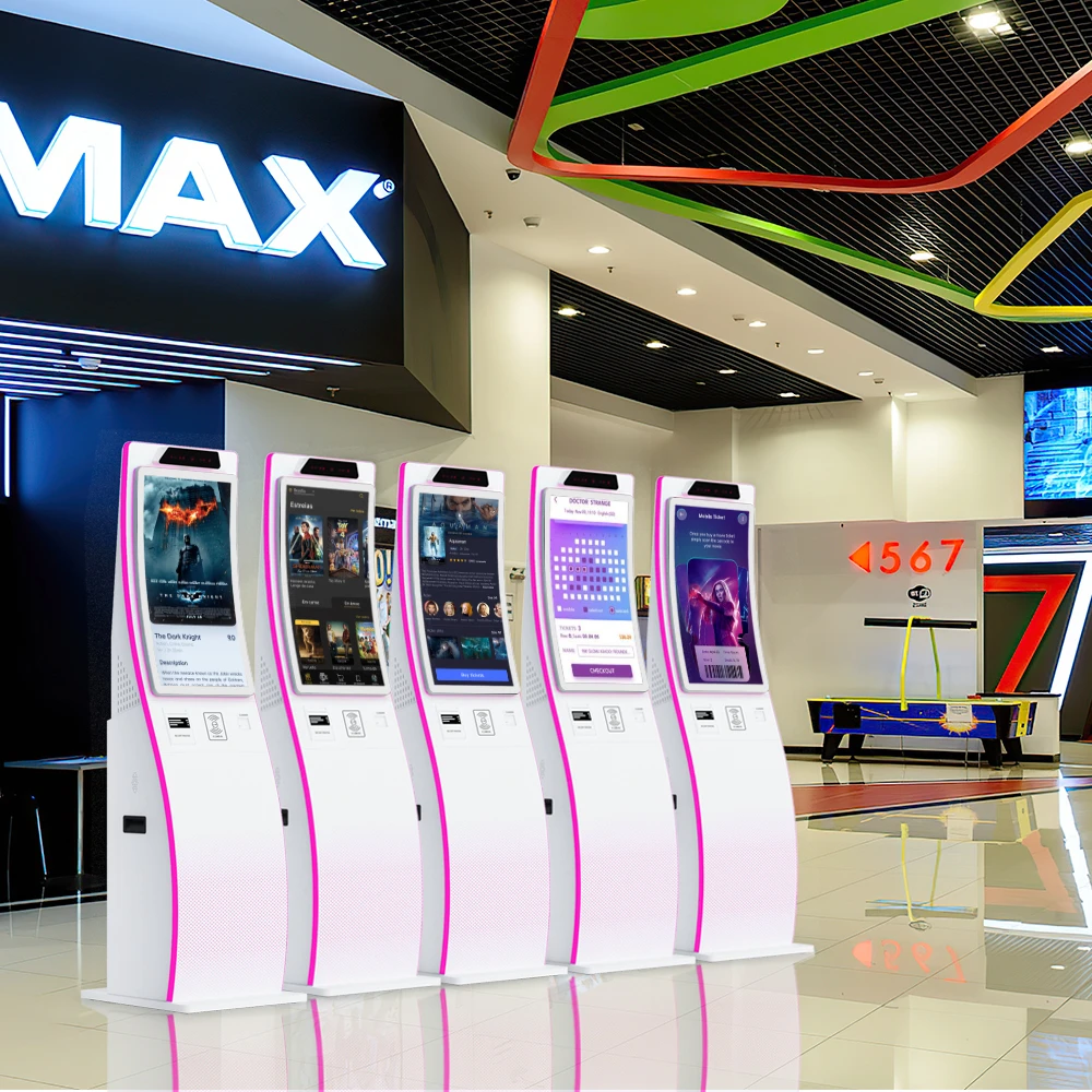 Ticket Dispenser Printer Kiosk Flexible Screen Curved Housing Metal Keypad Code Scanner E-payment Self Service Kiosk in Cinema
