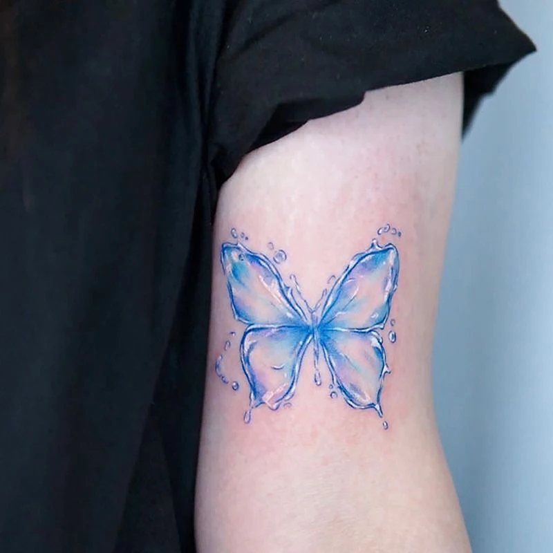 Pegatina de tatuaje temporal impermeable, gotas de agua azules, mariposa falsa, tatuaje de transferencia, pierna, brazo, mano, pie, arte corporal para mujer