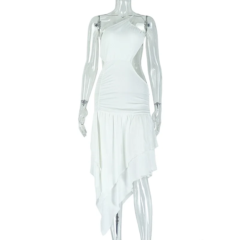 Bangniweigou-vestido blanco Irregular con cuello asimétrico y fruncido para mujer, ropa de playa elegante con espalda descubierta, Sexy, 2025