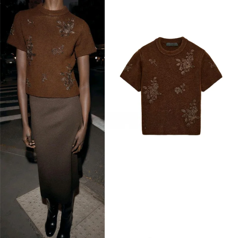 

Новая зимняя свободная трикотажная женская футболка ort Sve round Ne из бисера, полиэфирное волокно, растительный цветочный узор, стандартный крой