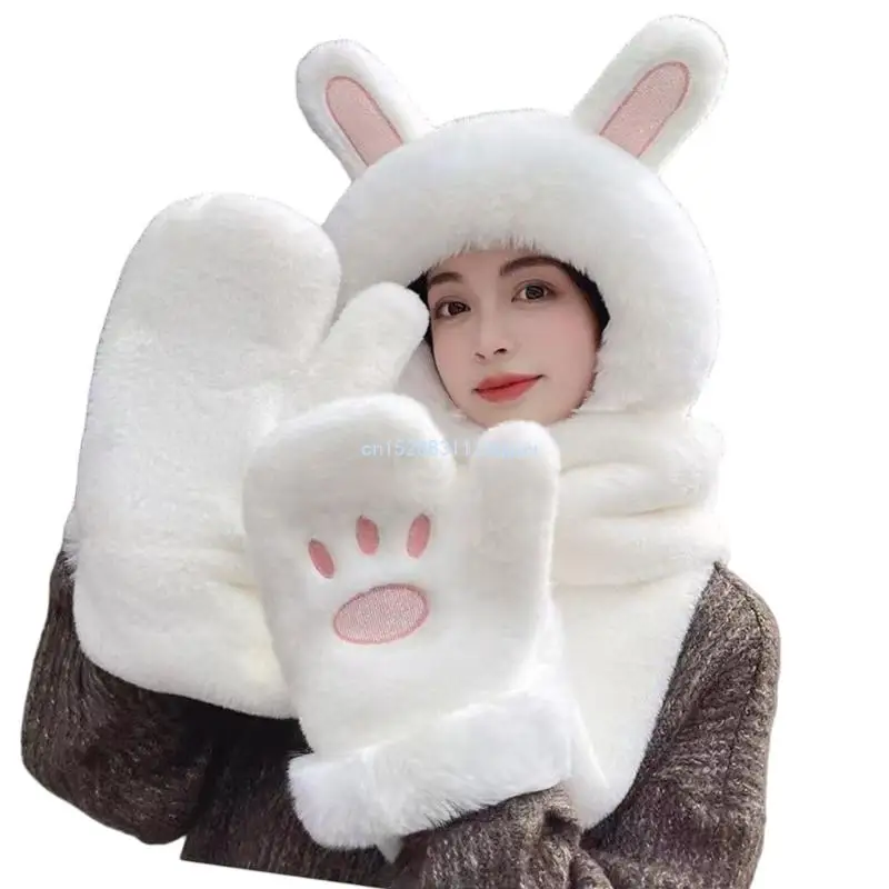 Lovely Ears Hooded Scarf Gloves Set Girls Winter Accessories for Winter Comfort Dropship