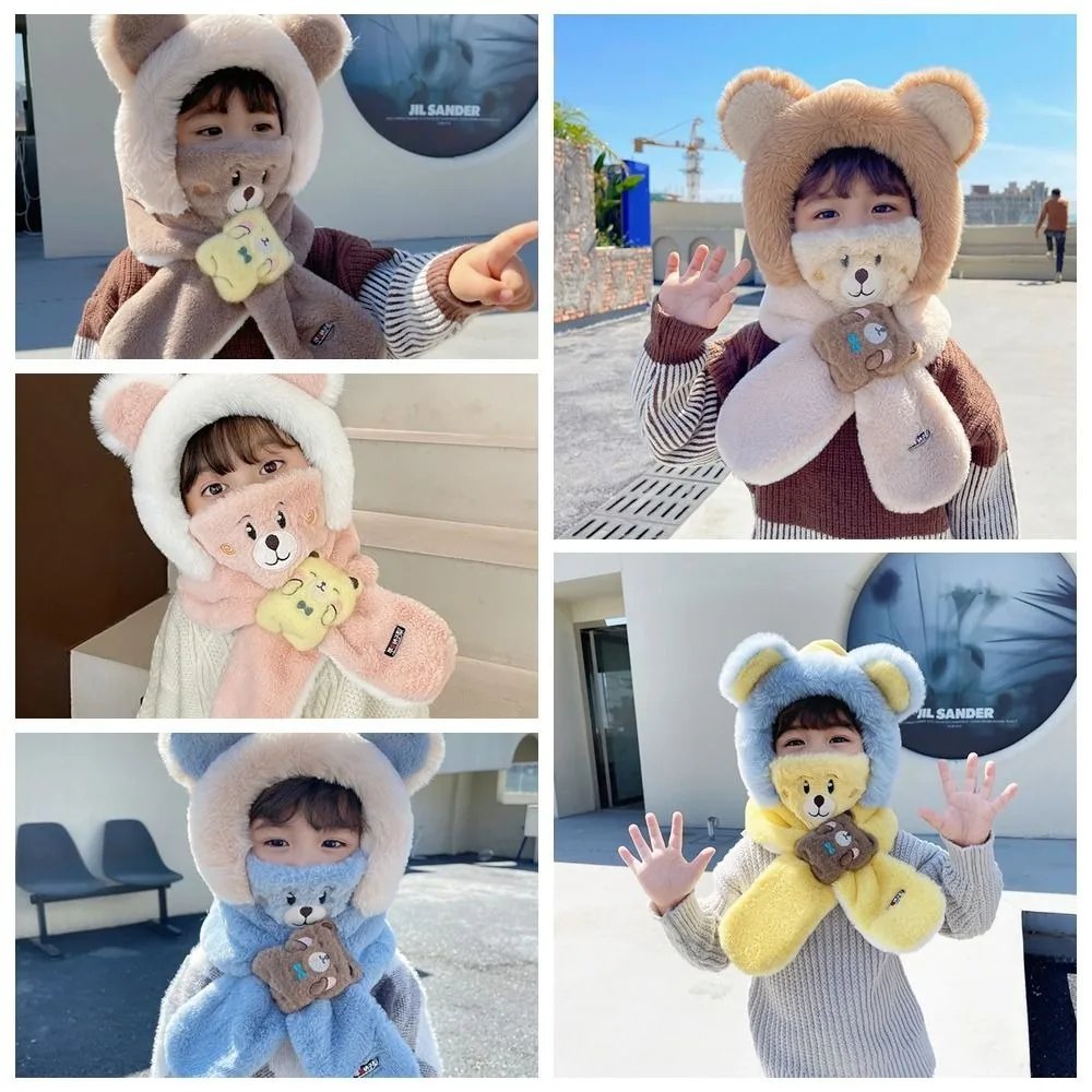 Solid Color Bear Plush Hat With Mask&Scarf Korean Style Children Fleece Hat Cloth Accessories Cartoon Plush Hat with Scarf Baby