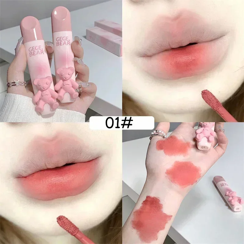 Schattige Beer Lipgloss Waterdichte Langdurige Niet-Vervagende Matte Lipglazuur Bevochtigende Niet-Markerende Roodbruine Fluwelen Vloeibare Lippenstiften