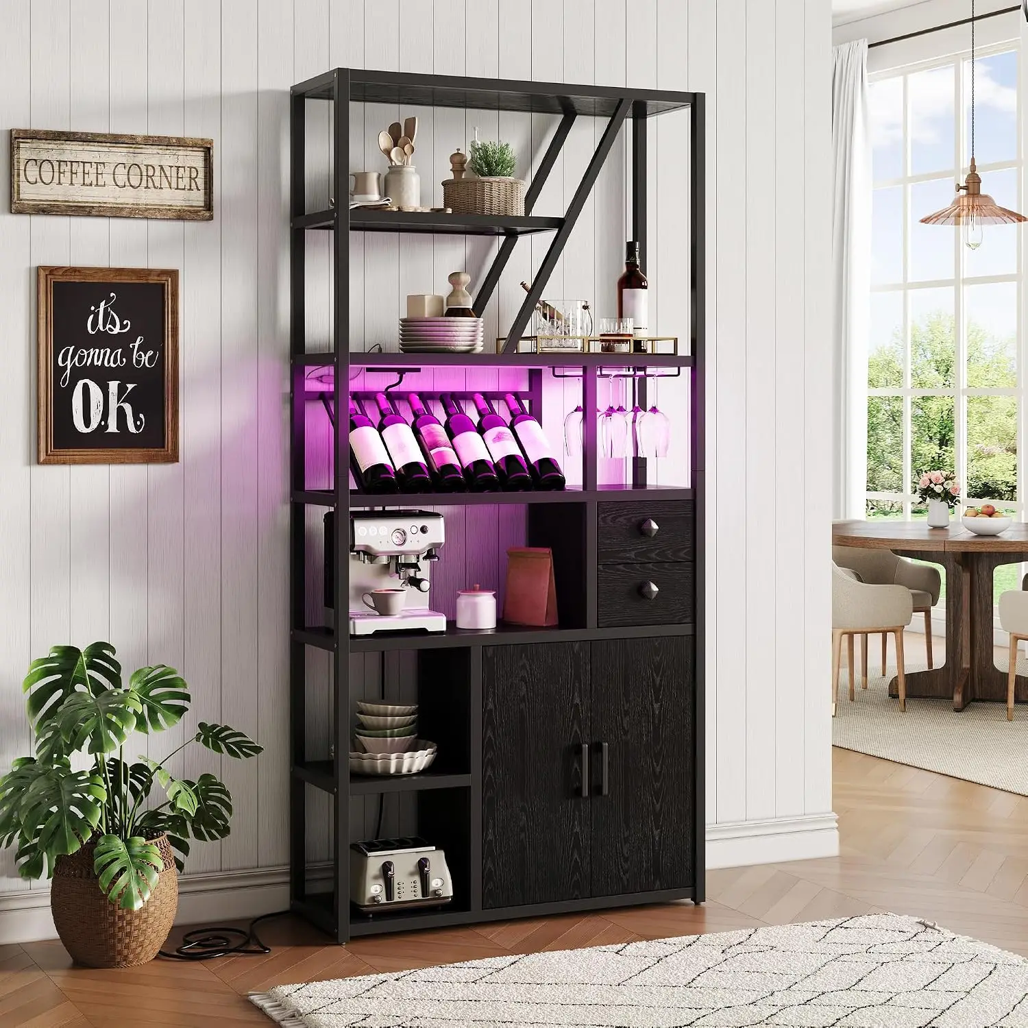 Bar Cabinet with Wine Rack & Glass Holder LED Lights Coffee Sideboard for Living Room Home Bar, Customized