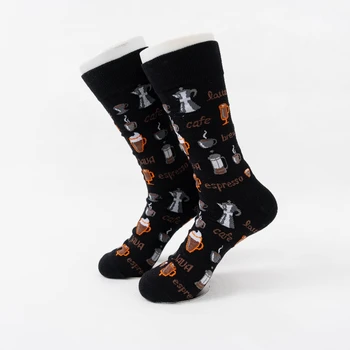 MYORED 가을 겨울 신상 블랙 커피 컵 패턴 남성용 면 양말 미드 튜브 양말 1켤레