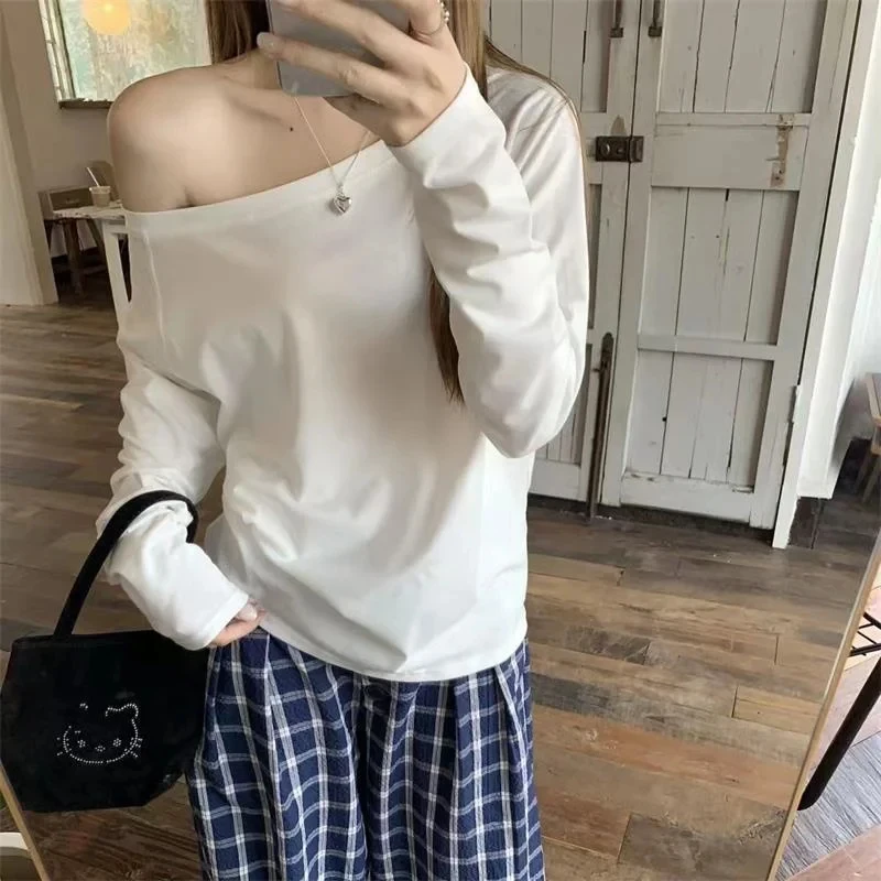 

Women Basic Asymmetric Off Shoulder Long Sleeve Tee Soft Casual Baggy Solid Tops White Black