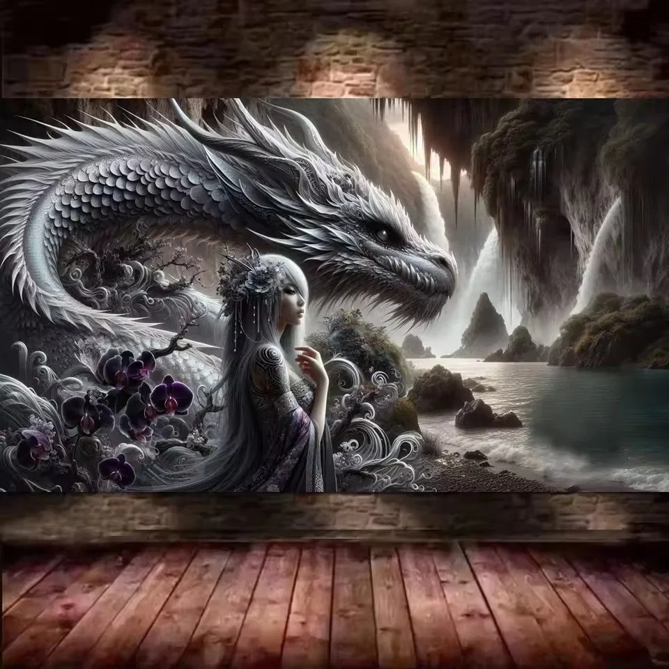 Lebendiger bunter Drache und Frau, großes Format, DIY 5D-Diamantgemälde, Fantasie, verzauberter Wald, Kreuzstich-Set, Stickerei-Kunst