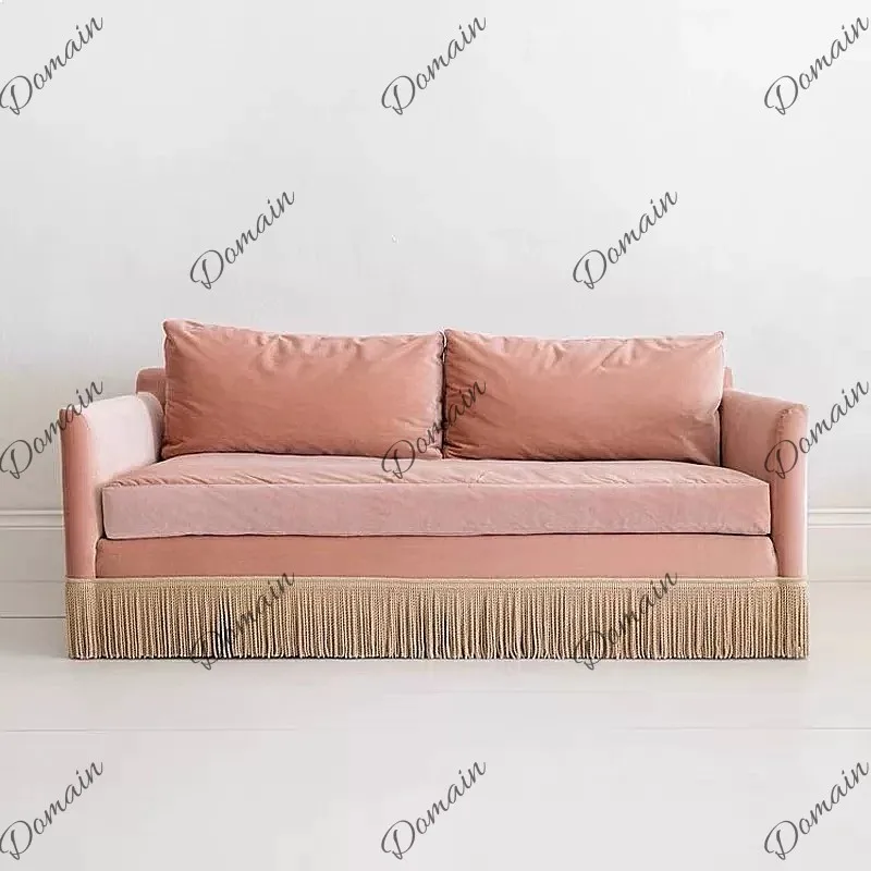 Vintage French Velvet Sofa Pink Small Double Seater Removable Washable Fringe Straight Row for Apartment Photography Props