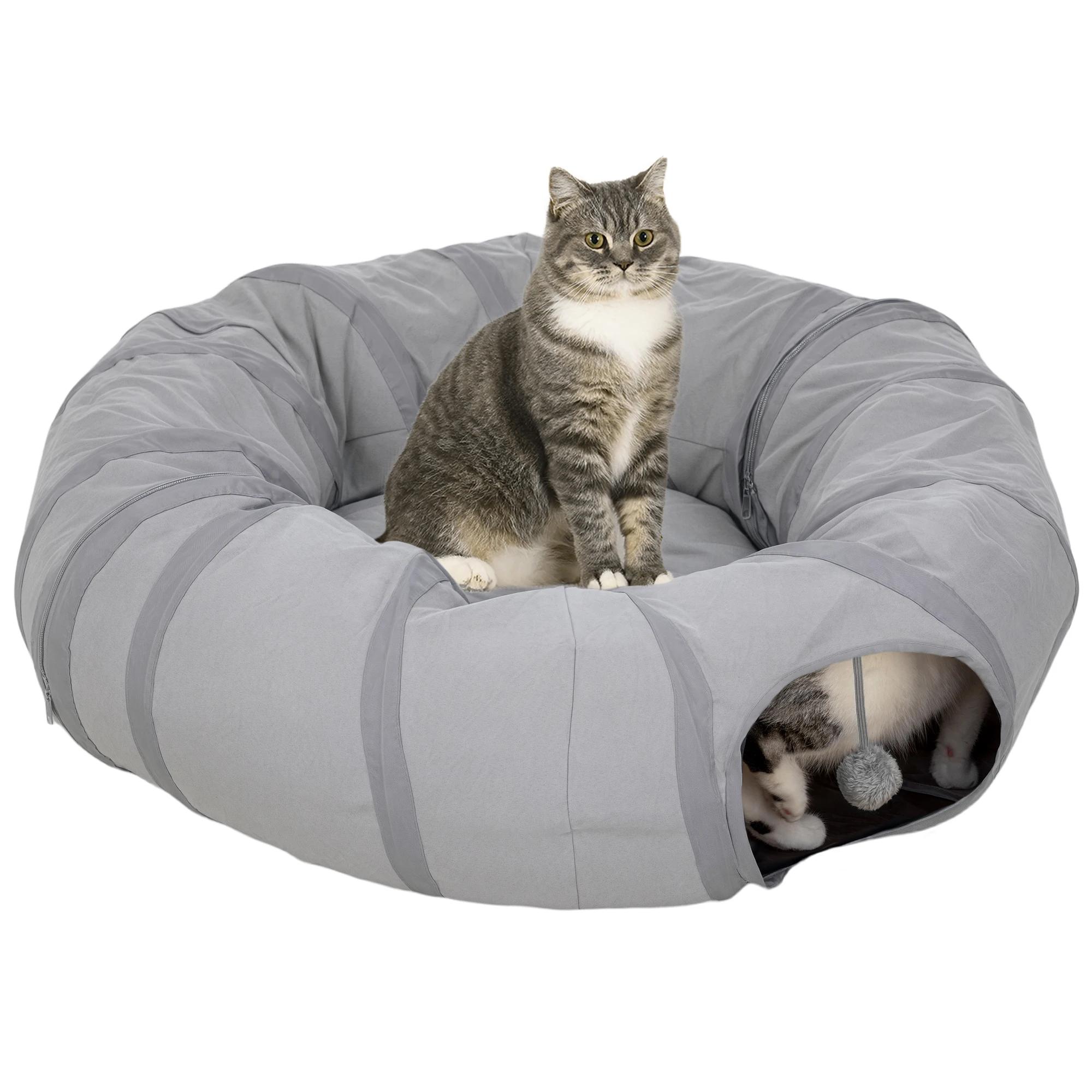 PawHut Tunnel per gatti da interno, tunnel rotondo con letto pieghevole e cuscino, fori per il gioco, tessuto morbido in camoscio, giochi interattivi per cuccioli grigi, gattini, coniglietti e piccoli