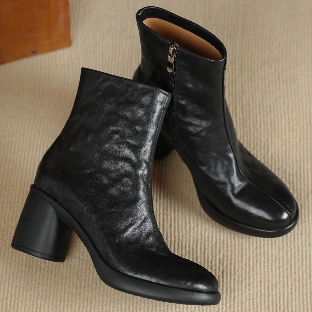 

Women's pleated sheepskin round toe side zip autumn ankle boots 7cm chunky heel platform high quality soft comfort short booties