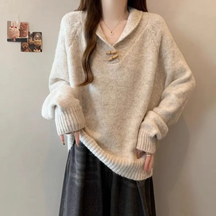 Womens Sweater Spring Autumn Korean Edition Solid Color Bull Horn Collar Loose Fashion Knitted Sweater Casual Daily Versatile