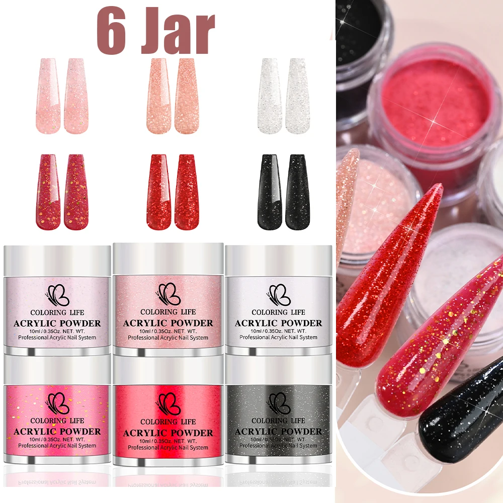 

6Colors/set Fine Shine Red Pink Black&White Acrylic Powders Professional 3in1 Acrylic Nail Powder for Manicure Shaping Extension