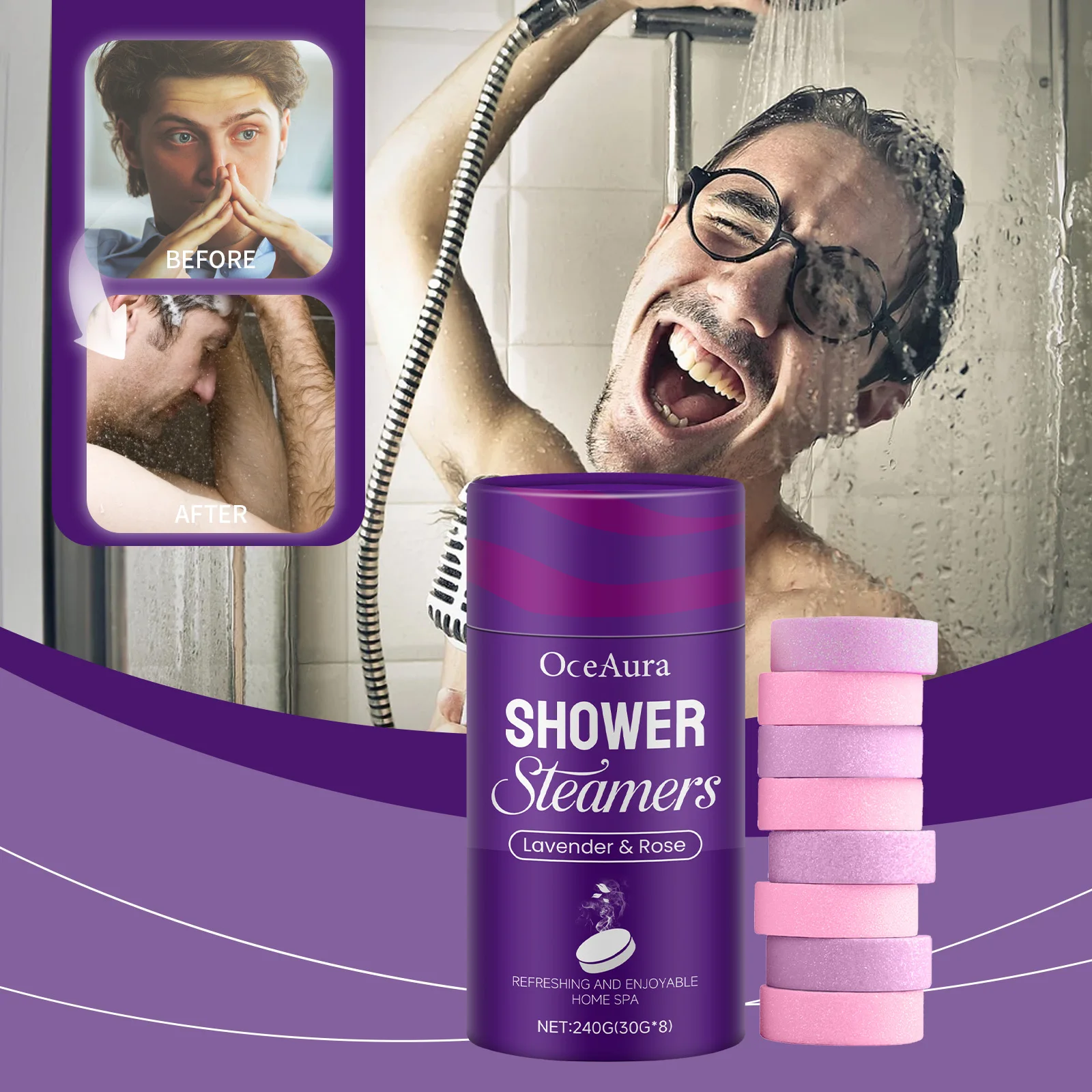 OceAura Lavender & Rose Shower Steamers - Aromatherapy Bath Tablets, Relaxing Shower Bombs, Stress Relief, 240g (30g x 8)