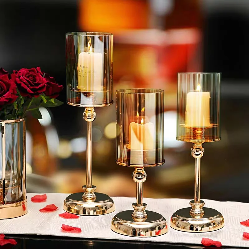 Silver Candle Holder Luxury Centerpiece Wedding Christmas Festival Hotel Home Decoration Golden Glass Candlestick
