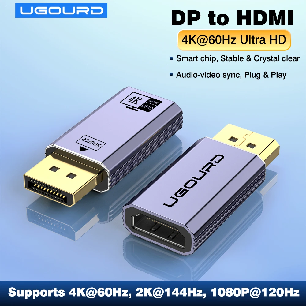 Nuevo Cable Adaptador UGOURD DP a HDMI 4K 60Hz, Convertidor DisplayPort 1.2 a HDMI 2.0, Sincronización de Audio y Video 4K30Hz, 2K144Hz Unidireccional