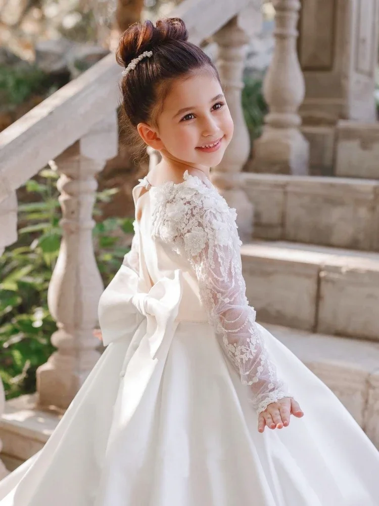 Vestidos de niña de flores personalizados, fiesta de noche de boda, vestido blanco de princesa de lujo para niños, vestidos de encaje de ilusión de manga larga con lazo