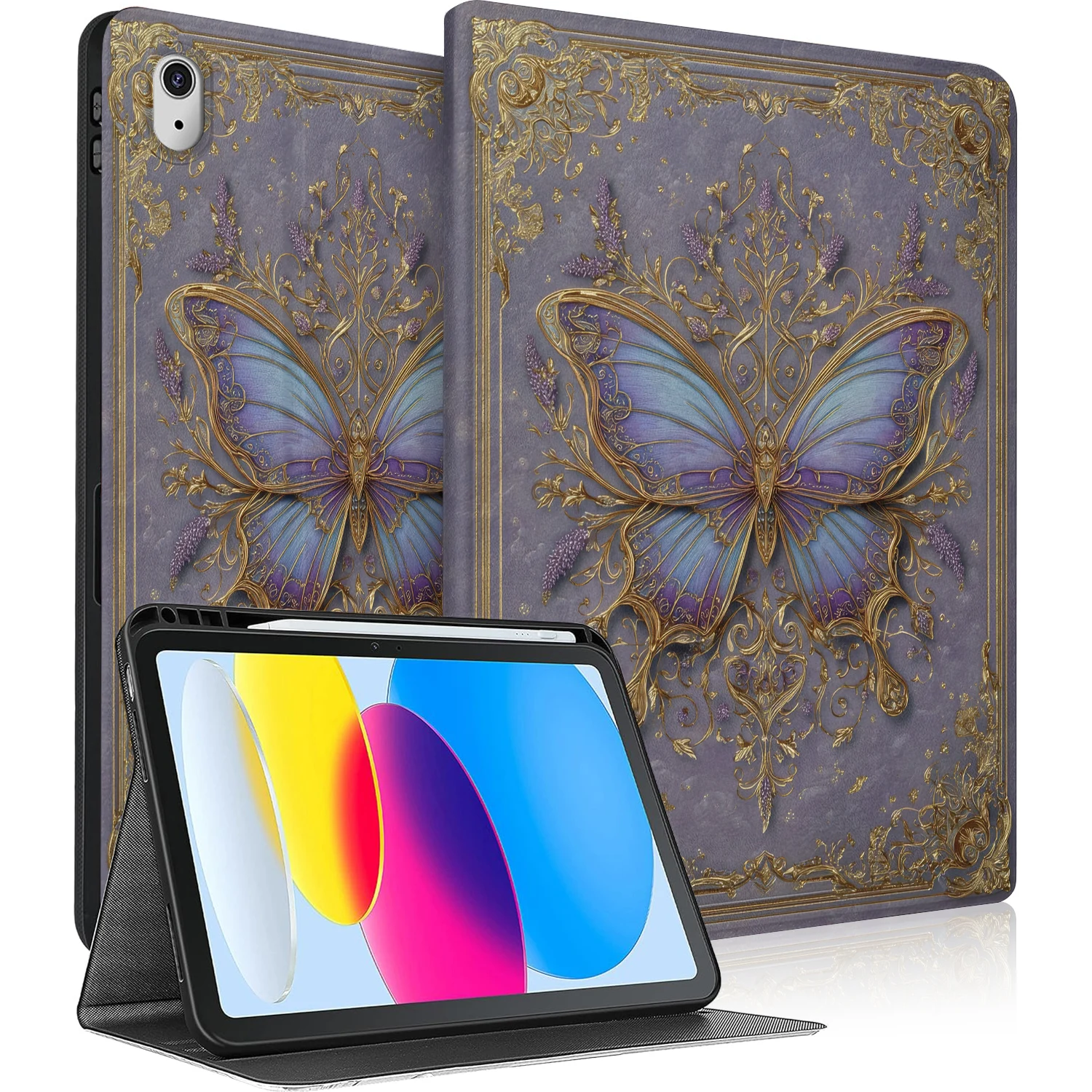Vintage purple butterfly Foldable protective Case for Apple iPad 10th 11th gen 3354 3355 2696 2757 tablet cover with Pen Holde