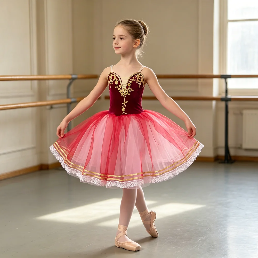 女の子用赤いバレエダンスドレス、柔らかいチュールのチュチュスカート、バレリーナのパフォーマンスコスチューム、コンサート、ステージ、プリンセスパーティー用